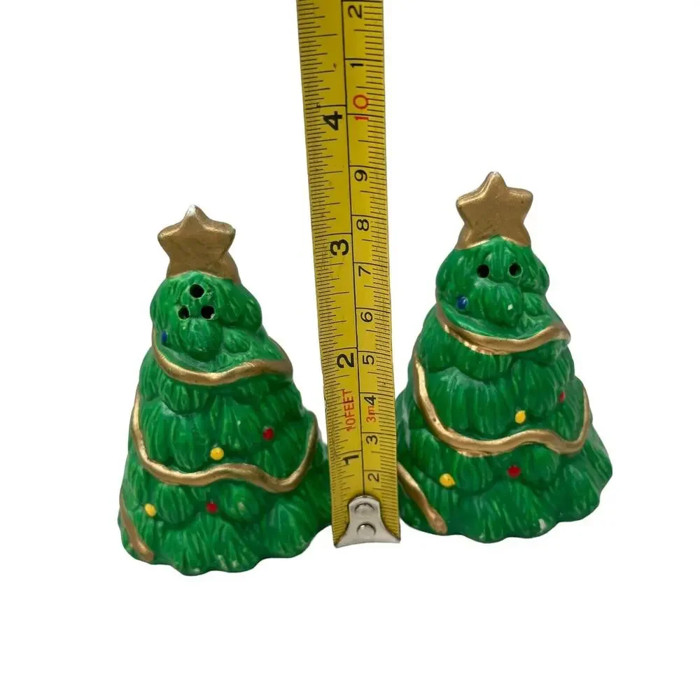 Christmas Tree Salt & Pepper Shaker Set Green With Gold Holiday Star 3.5 Inch